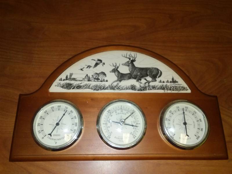 lot 116 image: Weather Center, wood. Farmstead, Geese, Deer, vintage