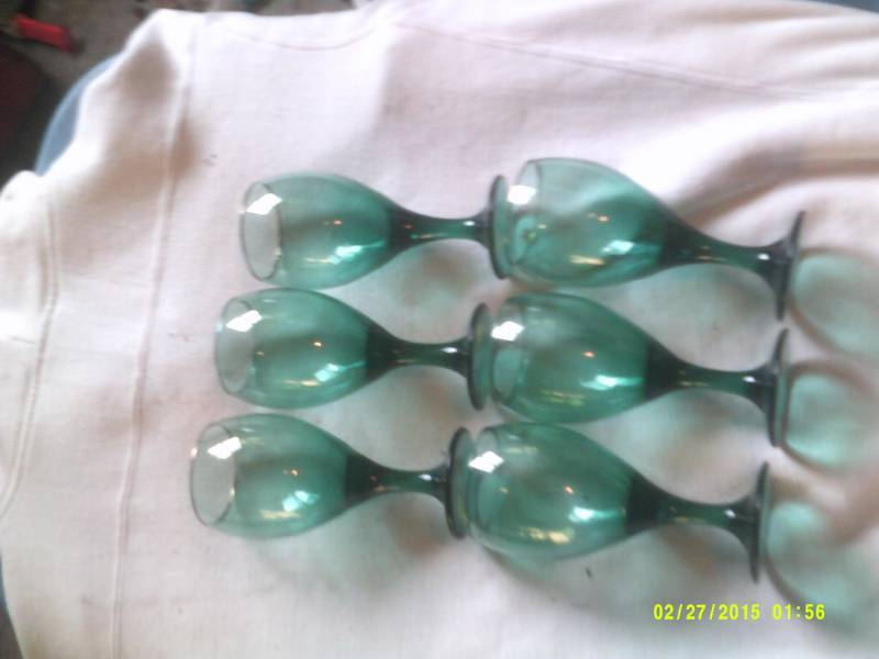 6 GOLD RIMMED GREEN GOBLETS