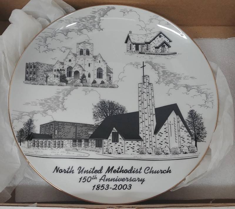 lot 113 image: Collectible Commemorative Plate marked 8 of 50. N. United Methodist Church 150th Anniversary