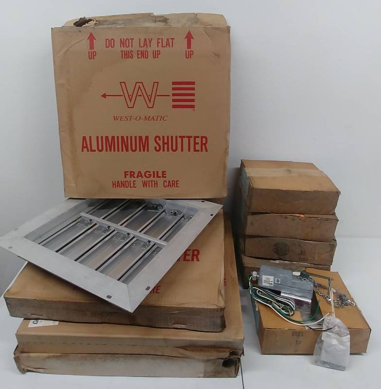 lot 140 image: Set of 5 19x19 Aluminum Wall Shuters with contol openers - un-used in orig boxs.