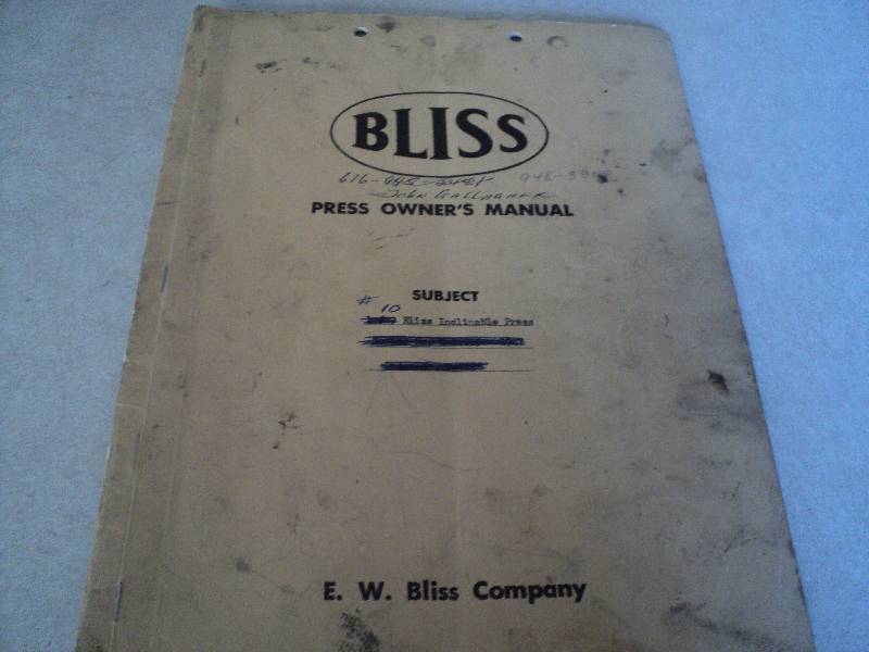 lot 105 image: Machine Tool Manual  Bliss #10 Inc...