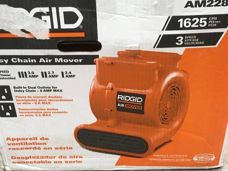 lot 4 image: RIDGID 1625 CFM Blower Fan Air Mover with Daisy Chain open box in like new condition