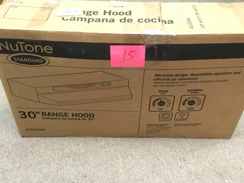 lot 15 image: NuTone ACS Series 30 in. Convertible Under Cabinet Range Hood with Light in White not used