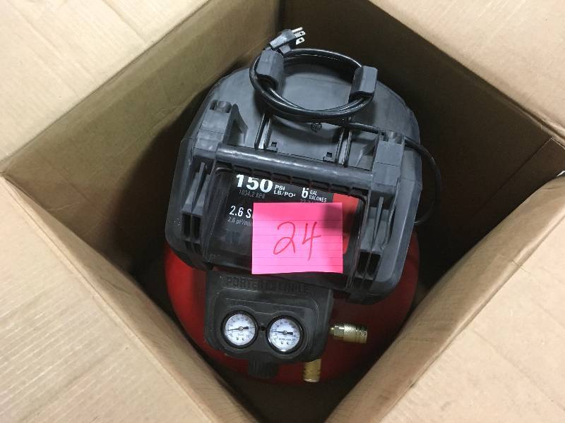 lot 24 image: Porter-Cable 6 Gal. 150 PSI Portable Electric Pancake Air Compressor  USED  in good working condition