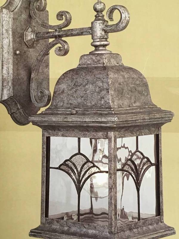 lot 43 image: LOT OF TWO Progress Lighting Outdoor Wall Bracket Light with Water Patterned Glass Fixture new