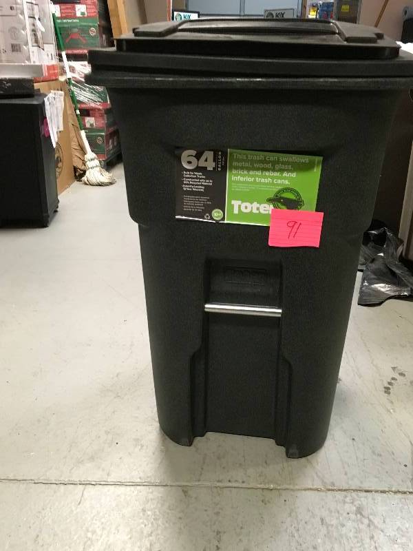 lot 91 image: Toter 64 Gal. Greenstone Trash Can with Wheels and Attached Lid new