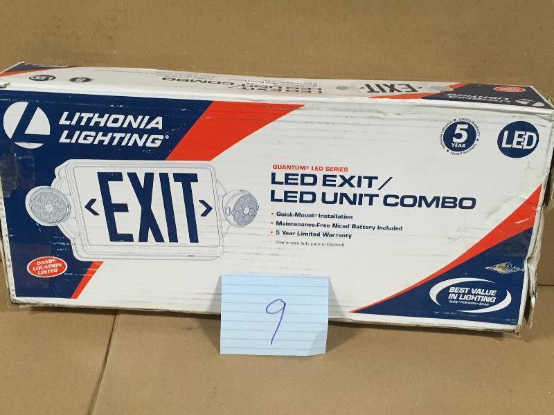 lot 9 image: Lithonia Lighting 2-Light Plastic LED White Exit SignEmergency Combo with LED Heads and Red Stencil Not Used