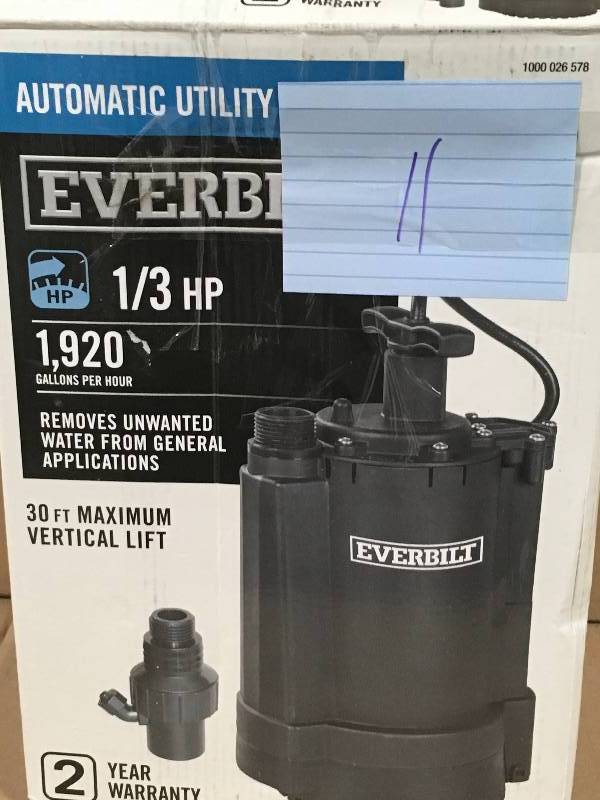 lot 11 image: Everbilt 13 HP Automatic Utility Pump in working condition