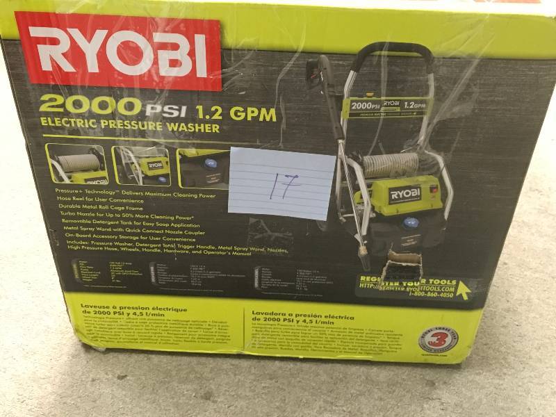 lot 17 image: Ryobi 2,000 PSI 1.2 GPM Electric Pressure Washer in working condition