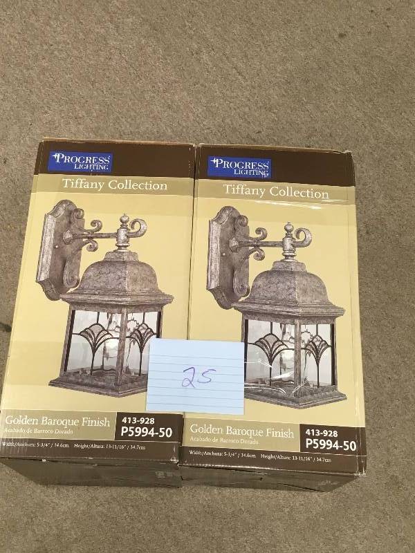 lot 25 image: LOT OF 2 Progress Lighting Outdoor Wall Bracket Light with Water Patterned Glass Fixture not used
