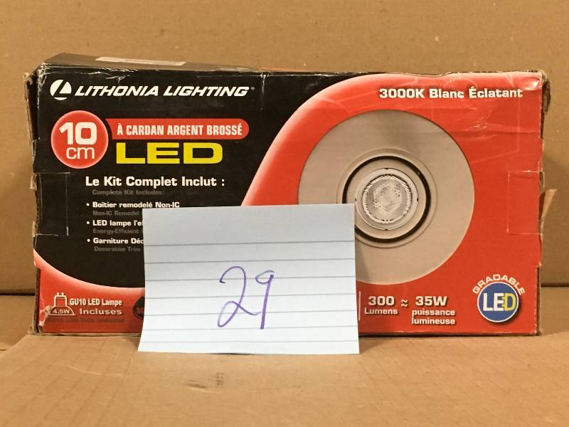 lot 29 image: Lithonia Lighting 4 in. Brushed Nickel Integrated LED Recessed Kit Gimbal Lamped not used