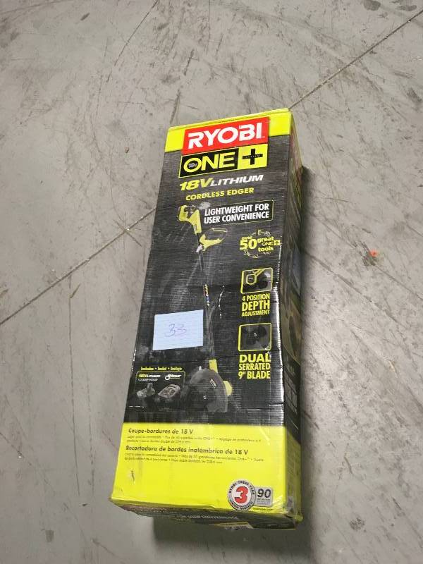 lot 33 image: Ryobi ONE 9 in. 18-Volt Lithium-Ion Cordless Edger - 1.3 Ah Battery and Charger Included in working condition