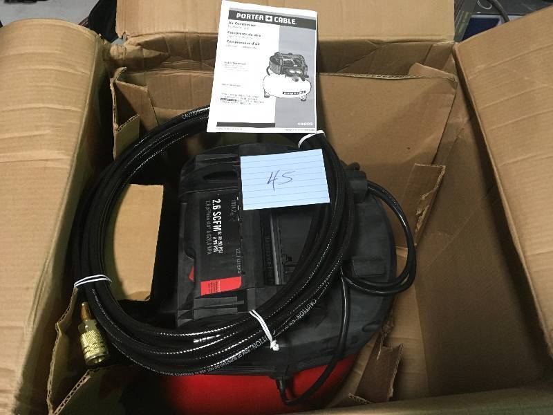 lot 45 image: Porter-Cable 6 Gal. 150 PSI Portable Electric Air Compressor, 16-Gauge Nailer, 18-Gauge Nailer and 38 in. Stapler Combo Kit (3-Tool) in working condition
