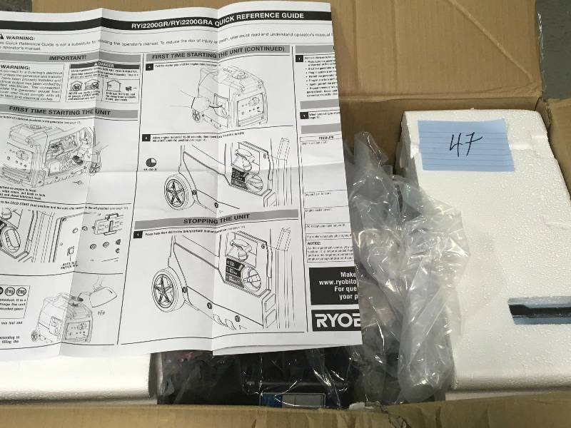 lot 47 image: Ryobi 2,200-Watt Gray Gasoline Powered Digital Inverter Generator in like new condition