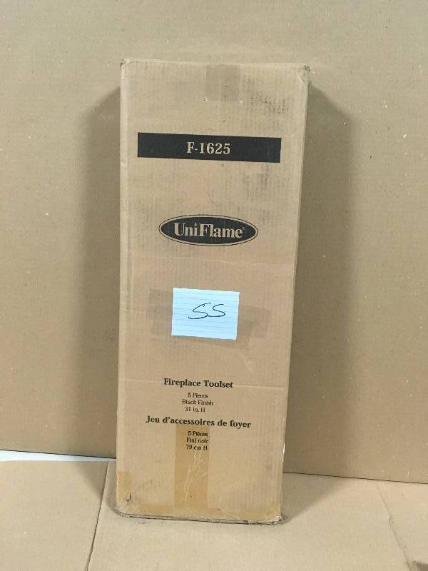 lot 55 image: UniFlame 5 pc. Black Cast Iron Fireplace Tool Set with Ball Handles not used