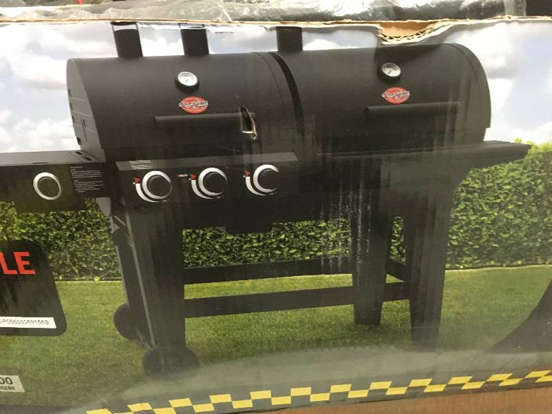 lot 60 image: CHAR GRILLER Dual Function 1280 sq. in. 3-Burner Gas and Charcoal Grill in Black open box not used