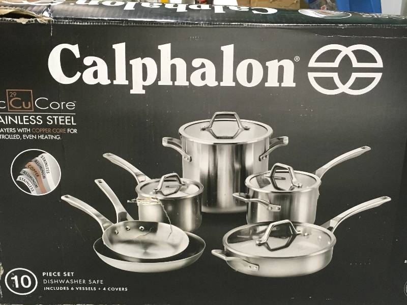 lot 85 image: Calphalon AccuCore Stainless Steel 10 Piece Cookware Set open box not used