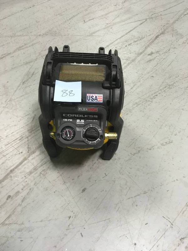 lot 88 image: DEWALT FLEXVOLT 2.5 Gal. 60-Volt MAX Brushless Cordless Electric Air Compressor in working condition