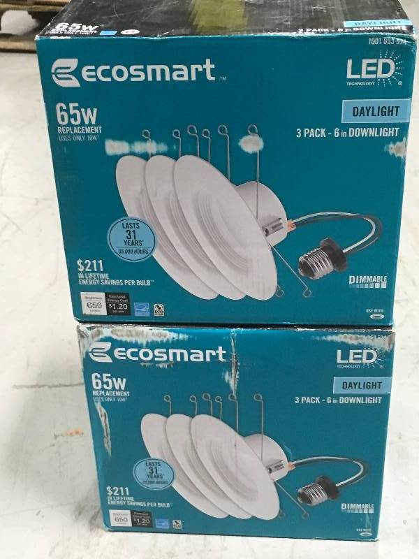 lot 93 image: EcoSmart 65W Equivalent Daylight BR30 E26 Dimmable Recessed Downlight LED Light Bulb (3-Pack) LOT OF 2 new