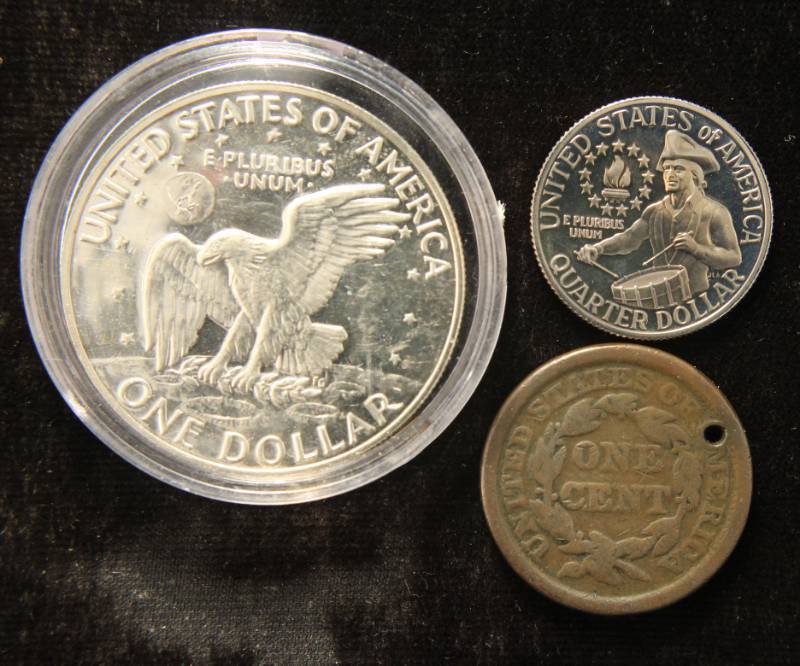 lot 18 image: 3 COINS 1973-S SILVER PROOF IKE, 1976 PROOF 25C & 1847 LG CENT HOLED