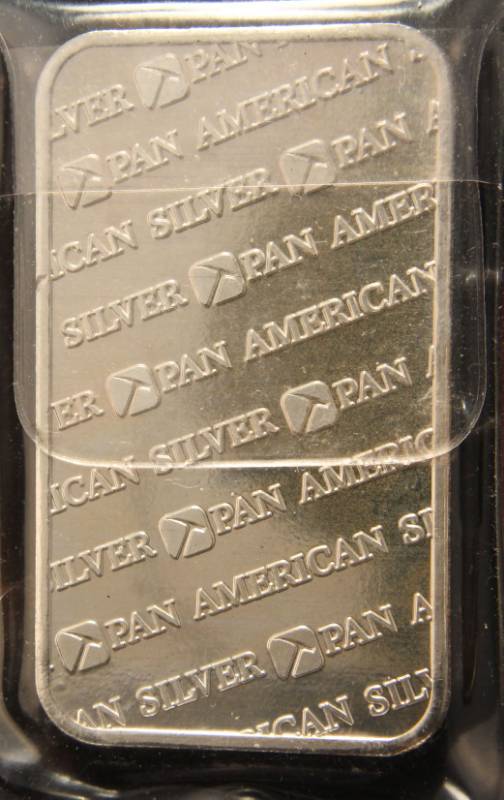lot 45 image: 5 TROY OZ. .999 FINE SILVER BAR PAN AMERICAN SILVER CORP