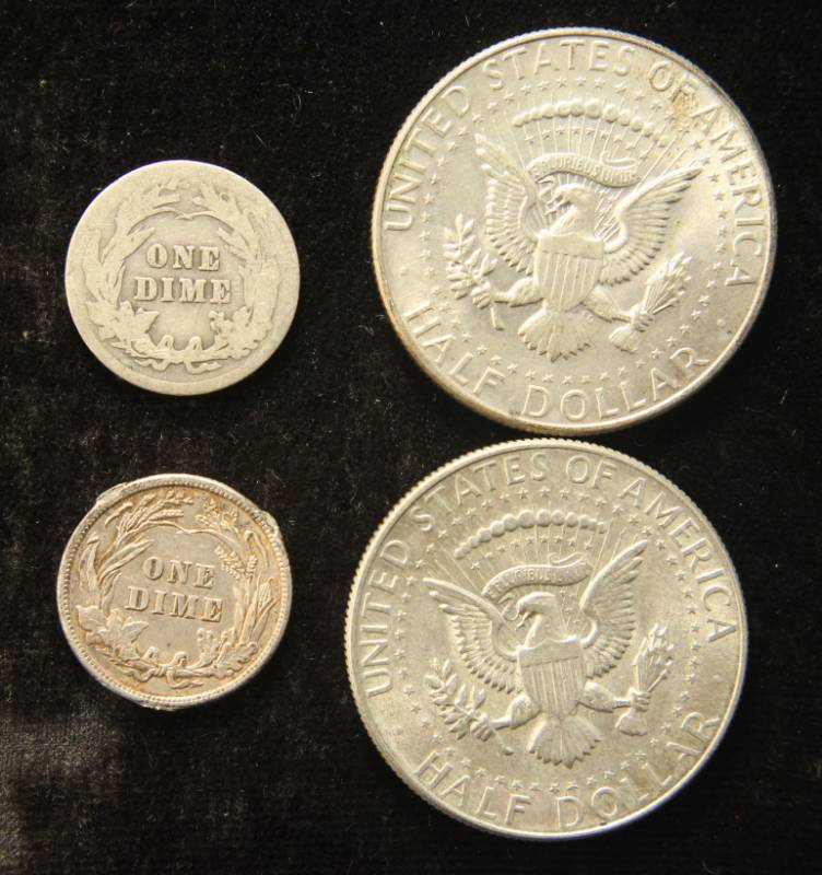 lot 55 image: 4 COINS 2 - KENNEDY 40% SILVER 50C & 2 BARBER SILVER DIMES