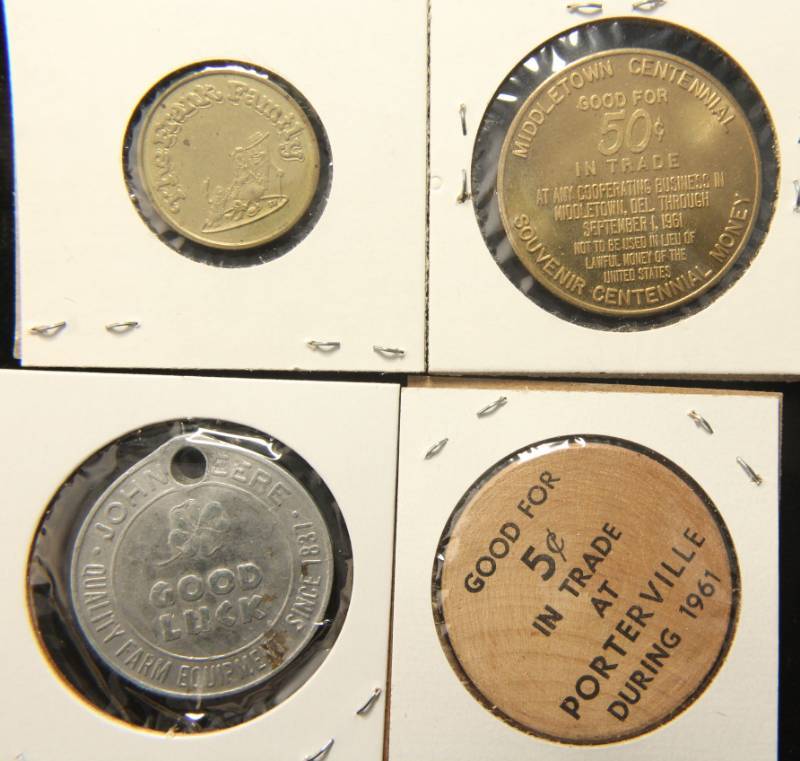 lot 61 image: GROUP OF 4 COINS-MEDALS-TOKENS AS PICTURED