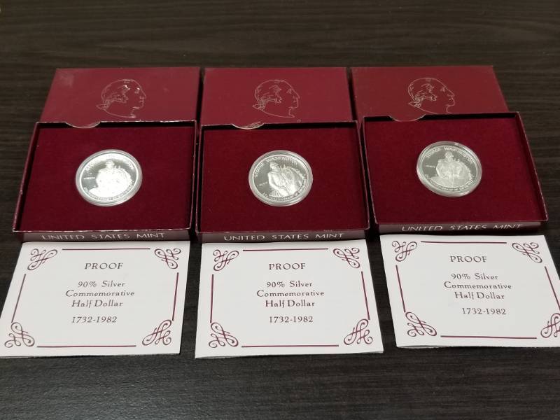 GROUP OF 3 PROOF 1982 WASHINGTON COMMEMORATIVE SILVER HALF DOLLARS IN ORIGINAL BOXES
