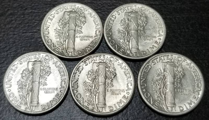 GROUP OF 5 UNC MERCURY SILVER DIMES