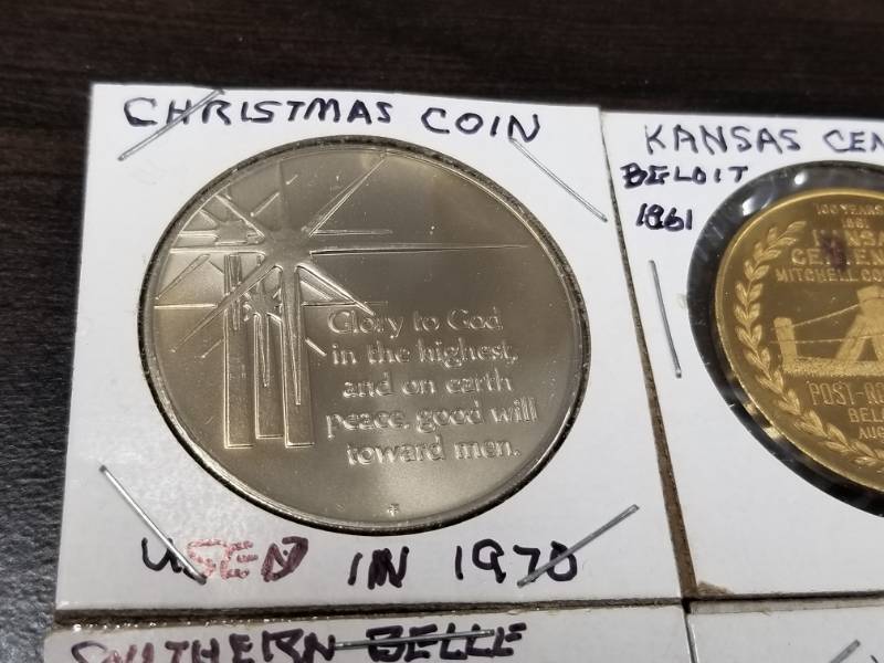 GROUP OF 4 COINS-MEDALS-TOKENS AS PICTURED