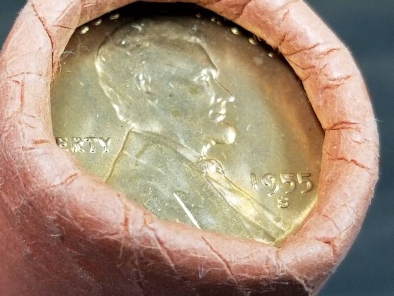 ORIGINAL BANK WRAPPED ROLL OF 50 BU 1955-S US WHEAT CENTS