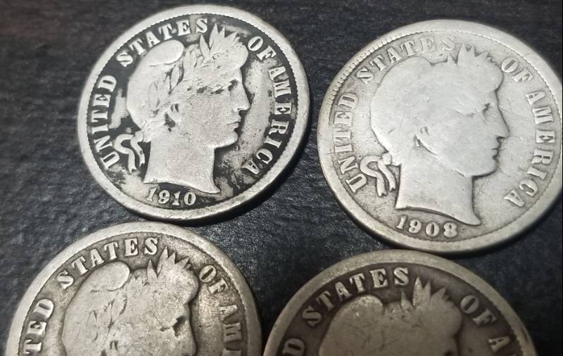 4 BARBER SILVER DIMES 1908-D 1910 1913 1914-D
