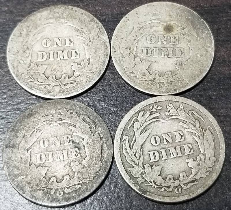 4 SILVER DIMES 1899-0, 1903-0, 1914 BARBER & 1891-O SEATED LIBERTY