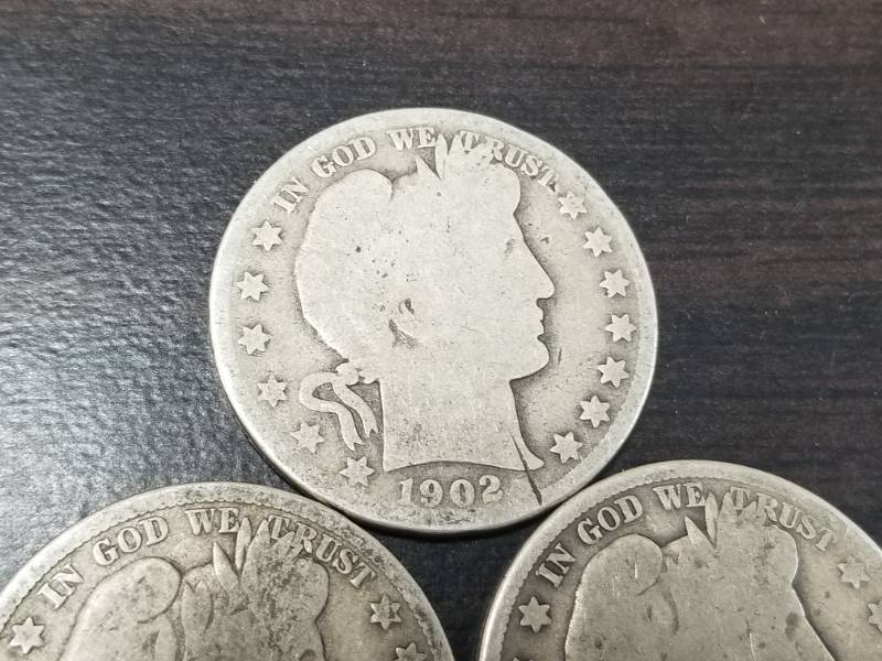 3 BARBER SILVER HALF DOLLARS 1902 1908-D 1912-S