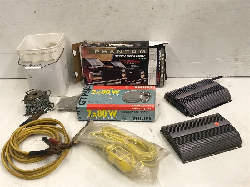 lot 19 image: Hood Protector, Speaker Set, Jumper Cables & Work Light, Hardware, Etc