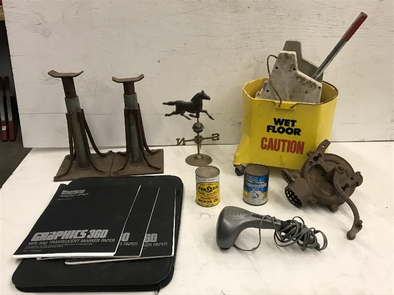 lot 51 image: Camper Jacks, Oil Cans, Wind Indicator, Mop Bucket & Etc