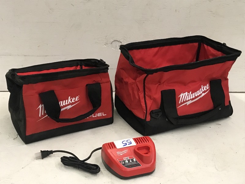 lot 55 image: (2) Milwaukee Tool Bags & (1) Charger