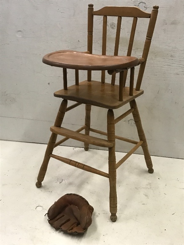 lot 94 image: Wooden High Chair & Vintage Baseball Mit