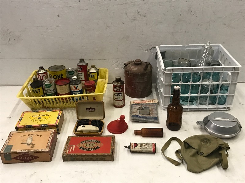 lot 95 image: Collectible Glass Jars--Oil Cans--Cigar Boxes--Etc