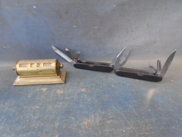 Folding Multi-tool and Vintage Metal Desk Calendar