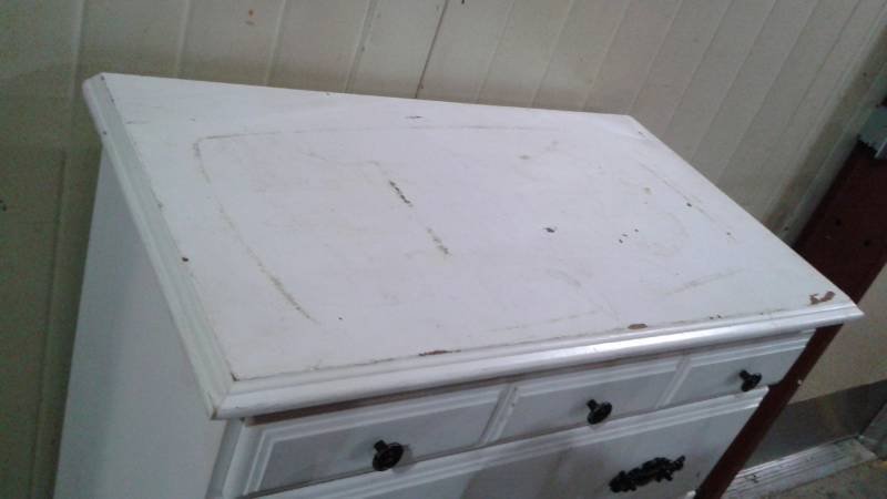 lot 6 image: White Tall Bedroom Dresser, Used, Shows Wear, Scuffs