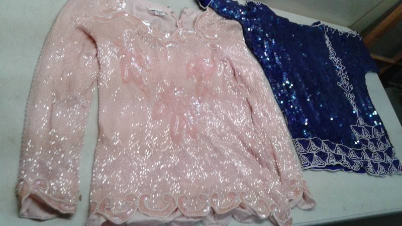 lot 78 image: Two Silk Beaded Sequence Womens Shirts, Show Some Wear