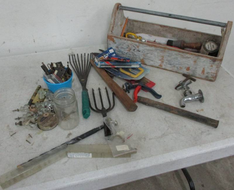 lot 41 image: Wood Toolbox, Glass doornobs, hinges, hardware, and misc