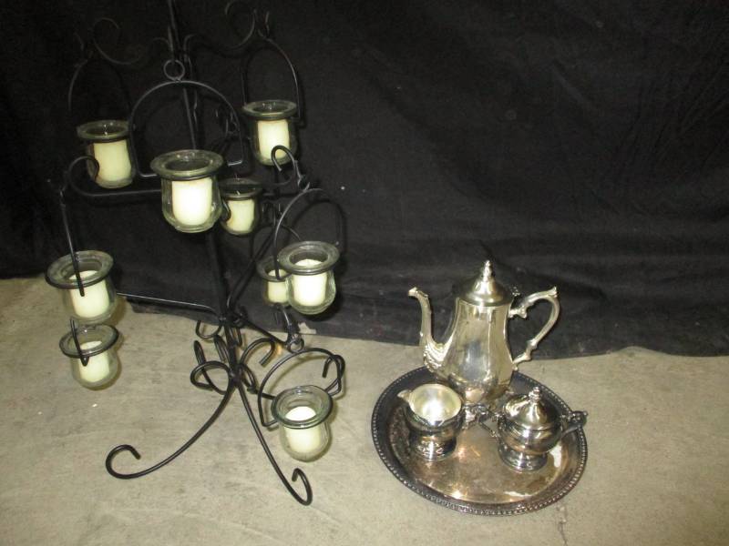 lot 66 image: Silver Coffee Pot, Tray, Cream and Sugar and candle Holder Center Piece