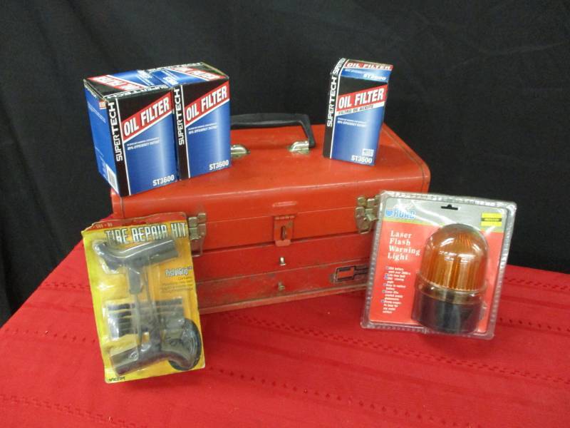 lot 130 image: Metal toolbox, 3 new oil filter, magnetic flassing light and tire repair kit