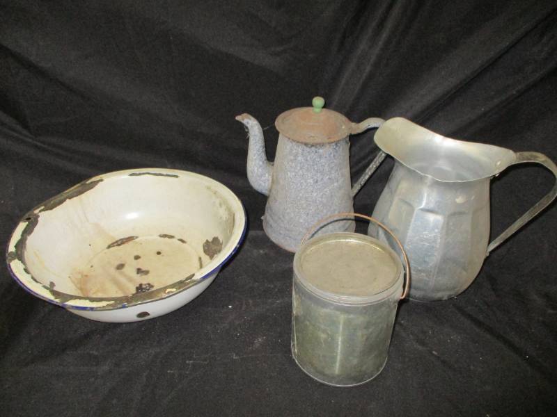lot 70 image: Enamel pot and pan, water pitcher and more