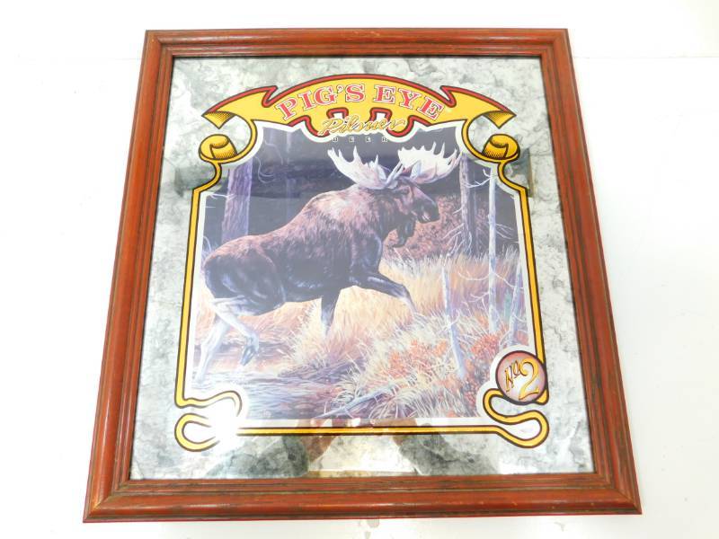 lot 13 image: Vintage Framed Pigs Eye Pilsner Beer Moose Poster