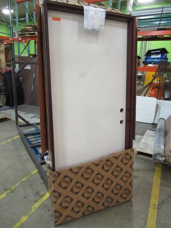 lot 19 image: Pella 36 X 80 X 4 916 Left-Hand Inswing Entry Door. White Slab With Maroon Frame.