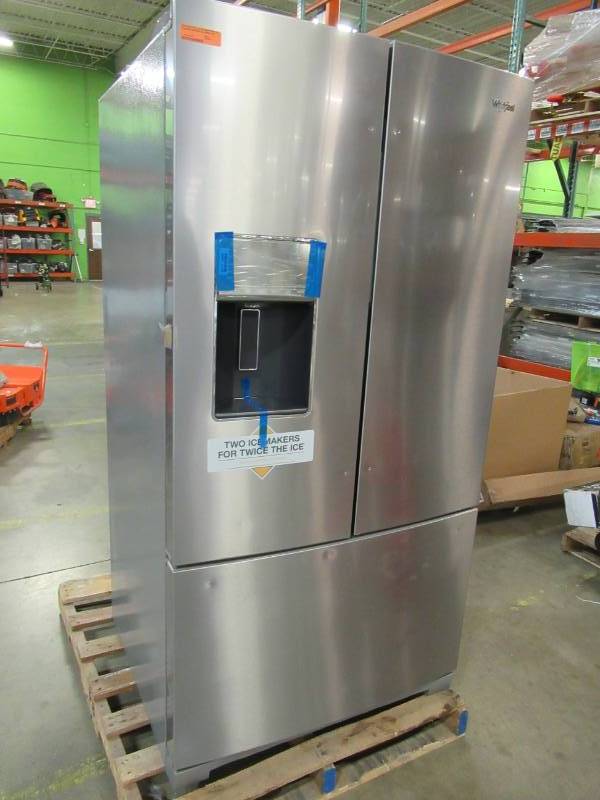 lot 56 image: Whirlpool 26.8-cu ft French Door Refrigerator with Dual Ice Maker (Fingerprint Resistant Stainless Steel) ENERGY STAR WRF767SDHZ - DENTS