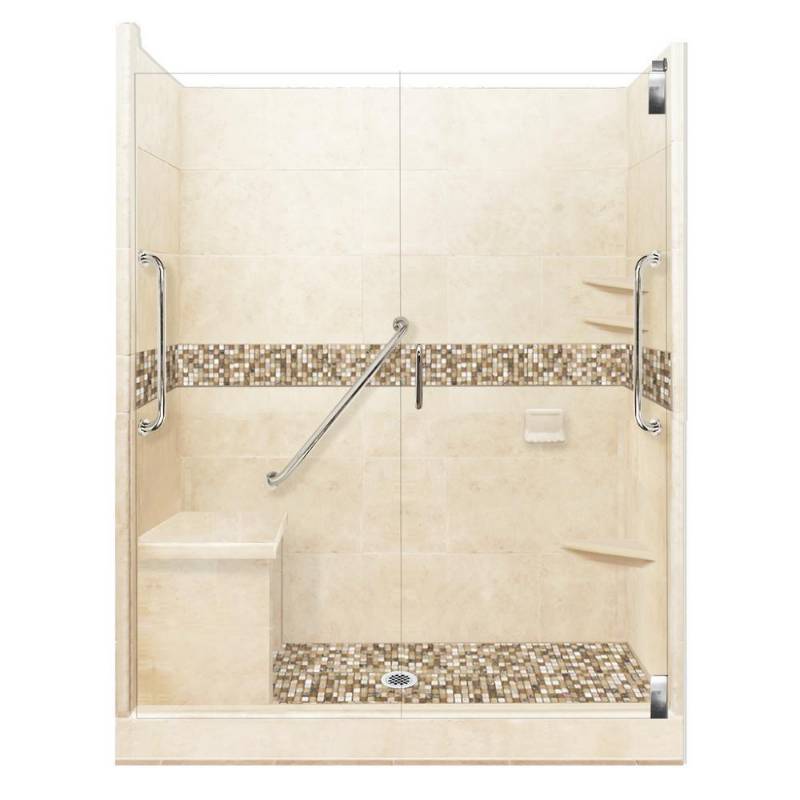 lot 11 image: Roma Freedom Grand Hinged 42 in. x 60 in. x 80 in. Center Drain Alcove Shower Kit in Desert Sand and Chrome Hardware - BROKEN PIECE